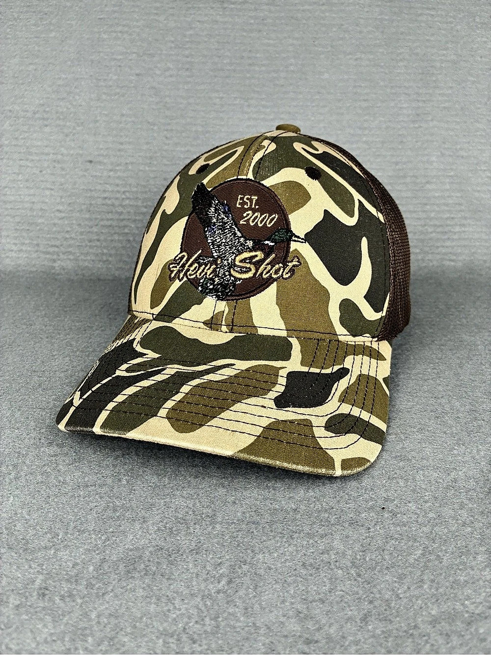 Hevi-Shot Duck Camo Mesh Snapback Hunting Hat Brown Green Embroidered Logo